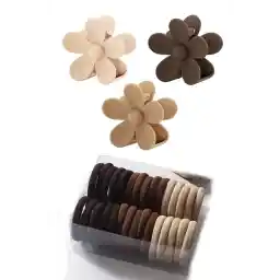 گیره 3 تکه XL زنانه طرح C&E + ست سگک لاستیکی قهوه ای 50 تکه