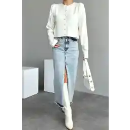 ژاکت بافتنی زنانه ANUBİS یقه خدمه مروارید دار بدون پادری