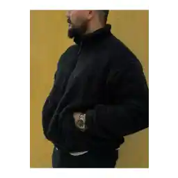 NO 601 مشکی مخمل دار Wellsoft جیب ایستاده یقه زیپ دار ژاکت برش بزرگ