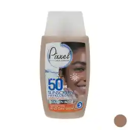 کرم ضد آفتاب رنگی پیکسل، 50 SPF، مدل GOLDEN BEIGE، مناسب پوست نرمال، خشک و حساس تنالیته رنگ تیره و حجم 50 میلی‌لیتر، محافظت کننده در برابر اشعه UVA و UVB، ضد حساسیت، +++ PA، آبرسان، با ماندگاری 2 ساعته