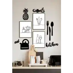 ÖZCANLAR FRAME کافه بدون قاب تزئینی 11 پارچه آشپزخانه برش لیزری دکوراسیون دیوار چوبی نقاشی آشپزخانه