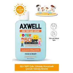 کرم ضد آفتاب کودکان AXWELL با محافظت بسیار بالا + ویتامین E Spf 50 + 100 میلی لیتر