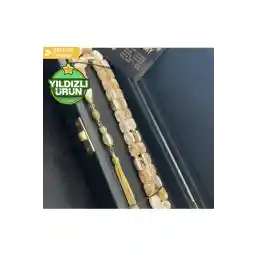 تسبیح منگوله دار با روکش طلای 14 عیار ذرات رنگ ویژه کهربا دارای گواهینامه خاص