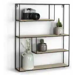 قفسه دیواری LIFA LIVING بیلبائو - قفسه دیواری صنعتی - فلزی و چوبی ام دی اف - 4 قفسه - قفسه ادویه مستطیلی - مشکی - برای آشپزخانه، اتاق خواب، اتاق نشیمن - 55 x 45 x 11 سانتی متر