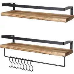 قفسه دیواری شناور LifeGoods - 2 عدد - 41 سانتی متر - جای حوله و 8 قلاب - صنعتی - چوب - قهوه ای/مشکی