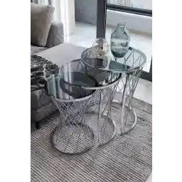 Dekoport Wicker Silver C میز قهوه تودرتو - میز کناری شیشه دودی