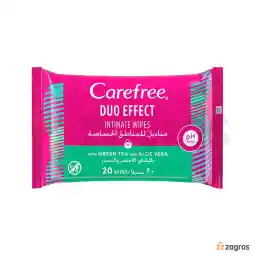 دستمال مرطوب بهداشتی بانوان Carefree حاوی عصاره آلوئه ورا و چای سبز بسته 20 عددی