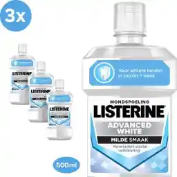 LISTERINE Advanced White Mild Flavor، دهانشویه، از بین برنده تغییر رنگ قوی برای دندان های سفیدتر تنها در 1 هفته، 3×500 میلی لیتر