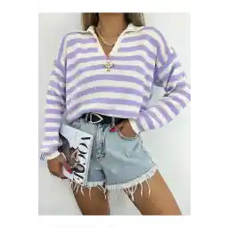 ژوزه لباس زنانه یقه یاسی پولو راه راه آستین بلند ژاکت بافتنی