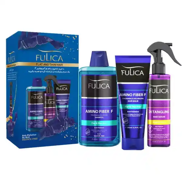 شامپو بدون سولفات حجم دهنده مو فولیکا حاوی آمینو فایبر اف به همراه دو محصول هدیه مراقبت از مو (سرم و بالم مو)