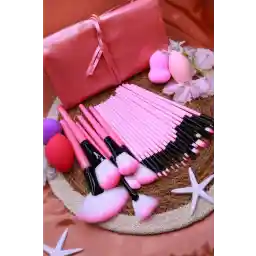 ست 2 براش آرایشی MUJGAN ست 24 براش صورتی با کیف چرمی + ست 4 عدد اسفنج گلابی