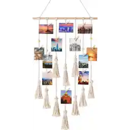 آویز عکس ملیله دیواری مکرامه با 16 مینی پین - قفسه عکس دست ساز\ تابلوی یادداشت قاب عکس - جای کارت کلاژ قاب عکس - جای عکس اتاق نشیمن بوهو - پارچه دیواری اتاق نشیمن عکس گلدسته - گلدسته عکس اتاق خواب - تزیین سیم عکس