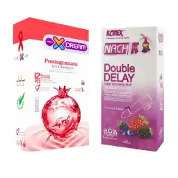 کاندوم ایکس دریم حاوی عصاره انار بسته 12 عددی به همراه کاندوم تاخیری کدکس مدل Double Delay بسته ده عددی