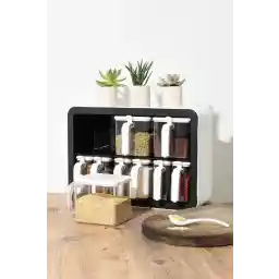 پورسیما 0439 ست 9 عدد قوطی ادویه چسب دار قاشق و درب پایه دار - سفید