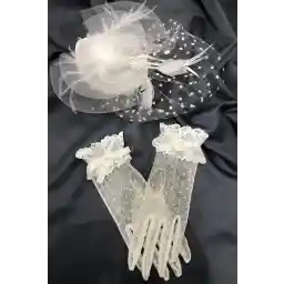 دستکش و کلاه عروسی با جزئیات رز پیر و توری