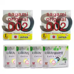 کاندوم ساگامی سایز برزگ مجموعه دو عددی به همراه کاندوم بادیگارد مدل Extra Safe مجموعه چهار عددی