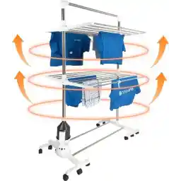 قفسه خشک کن نقره ای تاشو روی چرخ - قفسه لباسشویی برقی - سفید