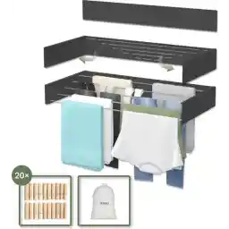 قفسه خشک کن Noswo تاشو - قفسه خشک کن دیوار - شامل 20 گیره لباس - قفسه لباس آویزان - تاشو - دیوار - آویزان - طول خشک کن 4 متر - مشکی