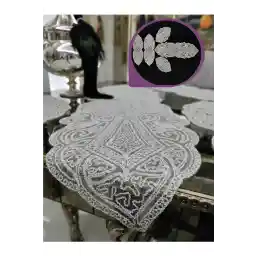 ست روکش میز قهوه خانه نئوبلا هوم عثمانی رانر 5 پارچه لوکس اتاق نشیمن ست روکش میز قهوه خوری ست جهیزیه توری فرانسوی نقره ای