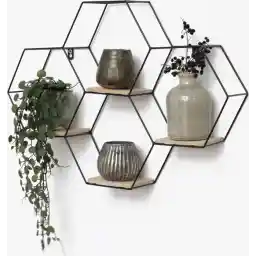 قفسه دیواری صنعتی فلزی مشکی با 4 قفسه چوبی - چهار ضلعی - 40.5x58 سانتی متر