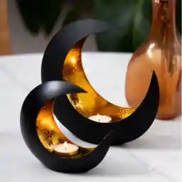 Gadgy Tealight Holder Moon - تزیین کریسمس ست اتاق نشیمن 2 نفره - جا چراغ چای تزیین کریسمس - تزیین کریسمس جا شمع برای چراغ چای - دکوراسیون کریسمس داخلی 15&21CM - مشکی / طلایی