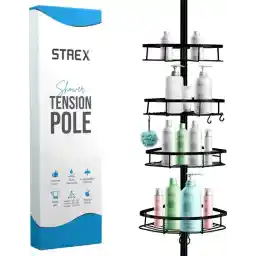 قفسه دوش تلسکوپی Strex مشکی - قابل تنظیم 70-275 سانتی متر - 4 سبد - کیفیت مقاوم - اتصال بدون سوراخ یا پیچ - گوشه قفسه دوش تلسکوپی