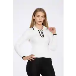 بلوز بافتنی آستین بلند دکمه دار طلایی یقه پولو زنانه کالکشن DAMGA