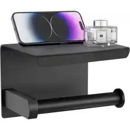 جا رول توالت Strex با قفسه - مشکی - چسبنده / دریل / بدون سوراخ - جا دستمال توالت - جا دستمال توالت