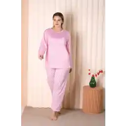 ست لباس خواب راه راه جیب آستین بلند مای بن مای بن B-1 سایز بزرگ صورتی رنگی