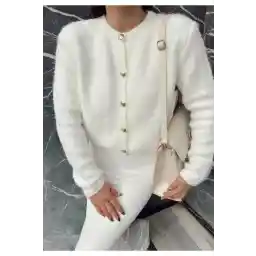 مدل زنانه magnolianbutik Ecru یقه خدمه طلایی تدی ژاکت کش باف پشمی