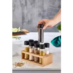 ست ادویه 8 تایی پایه چوبی لیما لیما ست نمک پاش و فلفل ست کاسه ادویه درب مشکی