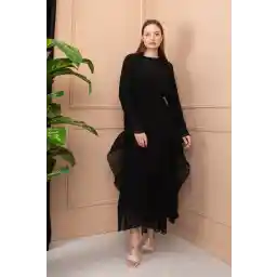 لباس کمربند کمربند مشکی Tesettur Sheyda ERTEM Tesettur مشکی کمربند دار با جزئیات توری روی آستین و دامن