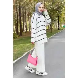 ست لباس بافتنی راه راه جهان حجاب Tsd220905 سفید