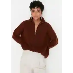 Trendyol Vrouwen Lage mouw Basis Bruine zachte getextureerde gebreide sweater met ritssluiting TWOAW20XS0009
