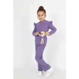 کت و شلوار دخترانه رنگارنگ مدل بالا و پایین با بلوز آستین بلند، شلوار گشاد و خرس عروسکی