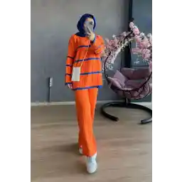 ست لباس بافتنی دو رنگ نارنجی Şule Giyim
