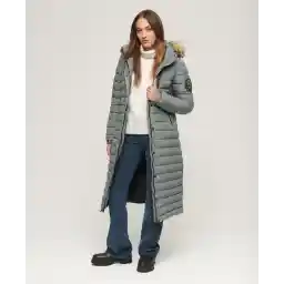 Superdry Fuji Hooded Longline Puffer Dames Jus - Balsam Green - مات