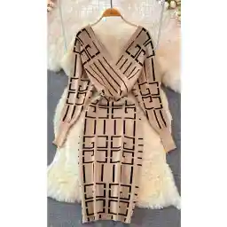 şems مد لباس بافتنی زمستانی ضخیم پارچه لباس یقه دو سینه لباس بلند