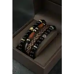 دستبند مردانه ترکیبی چرم و سنگ طبیعی jackferrero 3 تیکه