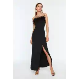 Trendyol Standaard mouw Strapless Verschuiving Zwart getailkunstleerde gevoerde geweven getailkunstleerde lange avondjurk TPRSS22AE0095