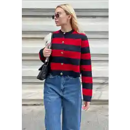 ژاکت بافتنی BertoNelly قرمز ناوی آبی راه راه خدمه یقه کراپ