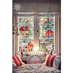 شهر برفی با تم سال نو PANDA STREET، شیشههای شفاف دو طرفه کریسمس آدم برفی خانهها، ست استیکر دیواری