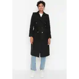 Trendyol Zwart Getailleerde Lange Wollen Kasjmier Jas Met Gouden Knopen En Riem Twoaw23Kb00018