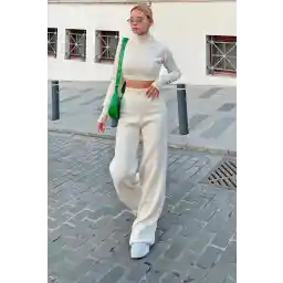 ست شلوار ژاکت بافتنی سوئیست بژ نیمه ماهیگیر