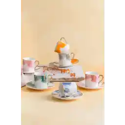 ACAR Brush 6 Kişilik Bahar Renkli Porselen Kahve Fincan Takımı 0050