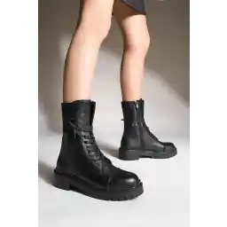 Marjin Kadın Hakiki Deri Postal Bot Bağcıklı Fermuarlı Tırtıklı Taban Maskaretli Günlük Bot Vikoz Siyah