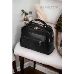 HAMILTON Orijinal Kadın Çapraz Ve Elde Ayarlanabilir Askılı Deri Dokulu Üç Gözlü Büyük Şık Omuz Ve El Çanta