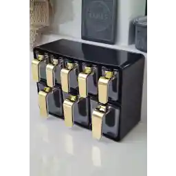 Herevin Sekizli Standlı Baharatlık Seti Gold Kulplu Siyah Kapak – 161280-822