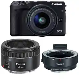 دوربین دیجیتال بدون آینه کانن مدل EOS M3 به همراه لنز 45-15 EF-M و EF 50mm f/1.8 STM میلی متر و آداپتور لنز کانن Mount Adapter EF-EOS M