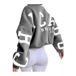 Know Kadın 3 Iplik Füme Kolları Chicago Baskılı Oversize Bisiklet Yaka Sweatshirt